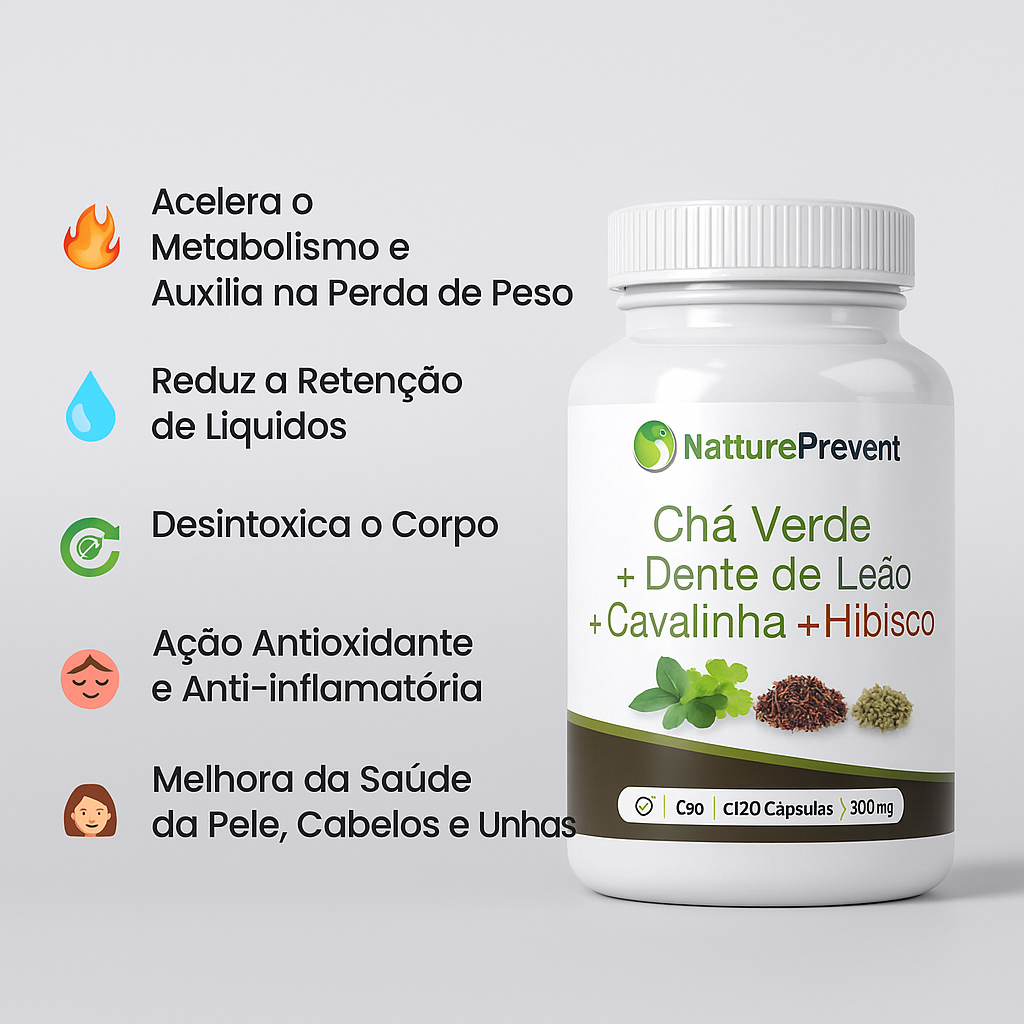 Chá Verde + Dente de Leão + Cavalinha + Hibisco 500mg - Suplemento Alimentar Natural